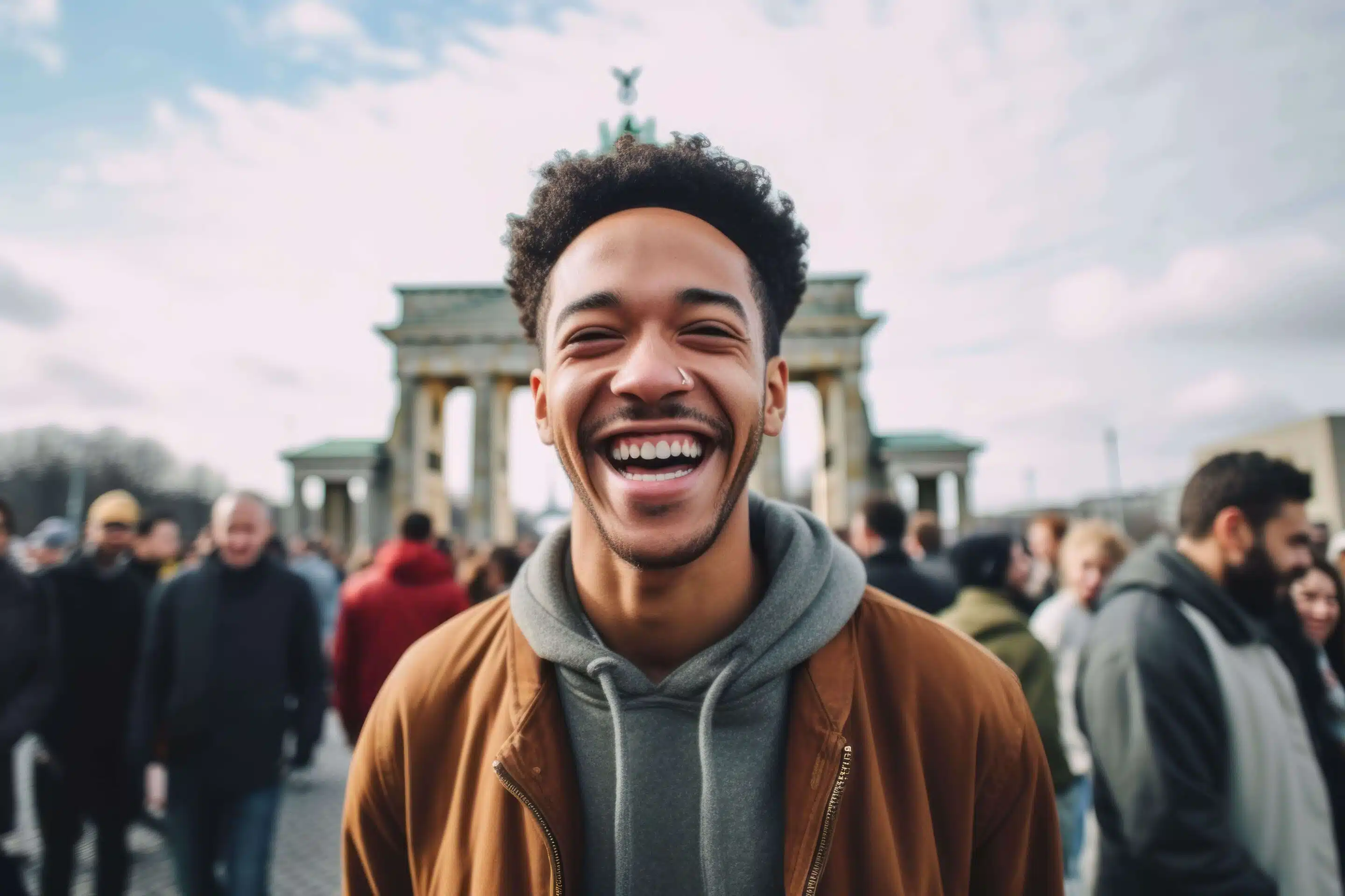 Junger Mann mit dunklen Haaren lächelt in die Kamera. Hinter ihm ist das Brandenburger Tor in Berlin zu sehen. 